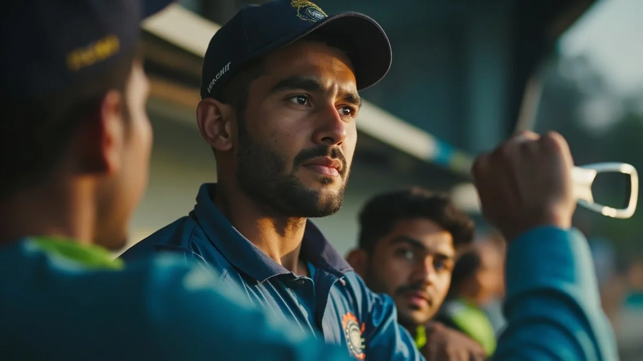 Medium editorial frame showing a spinner running in to bowl on a subcontinental Test surface with stadium stands in the background